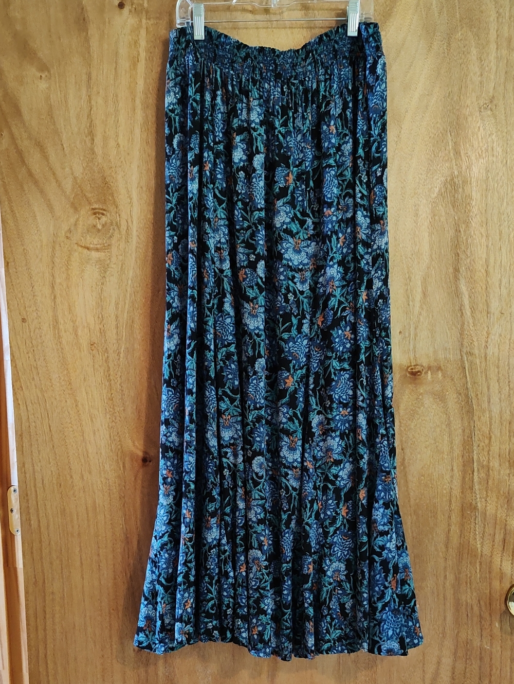 Lola P Boho Paneled Maxi Skirt Floral Blue Teal Crinkled Crepe Y2K-Style Size L